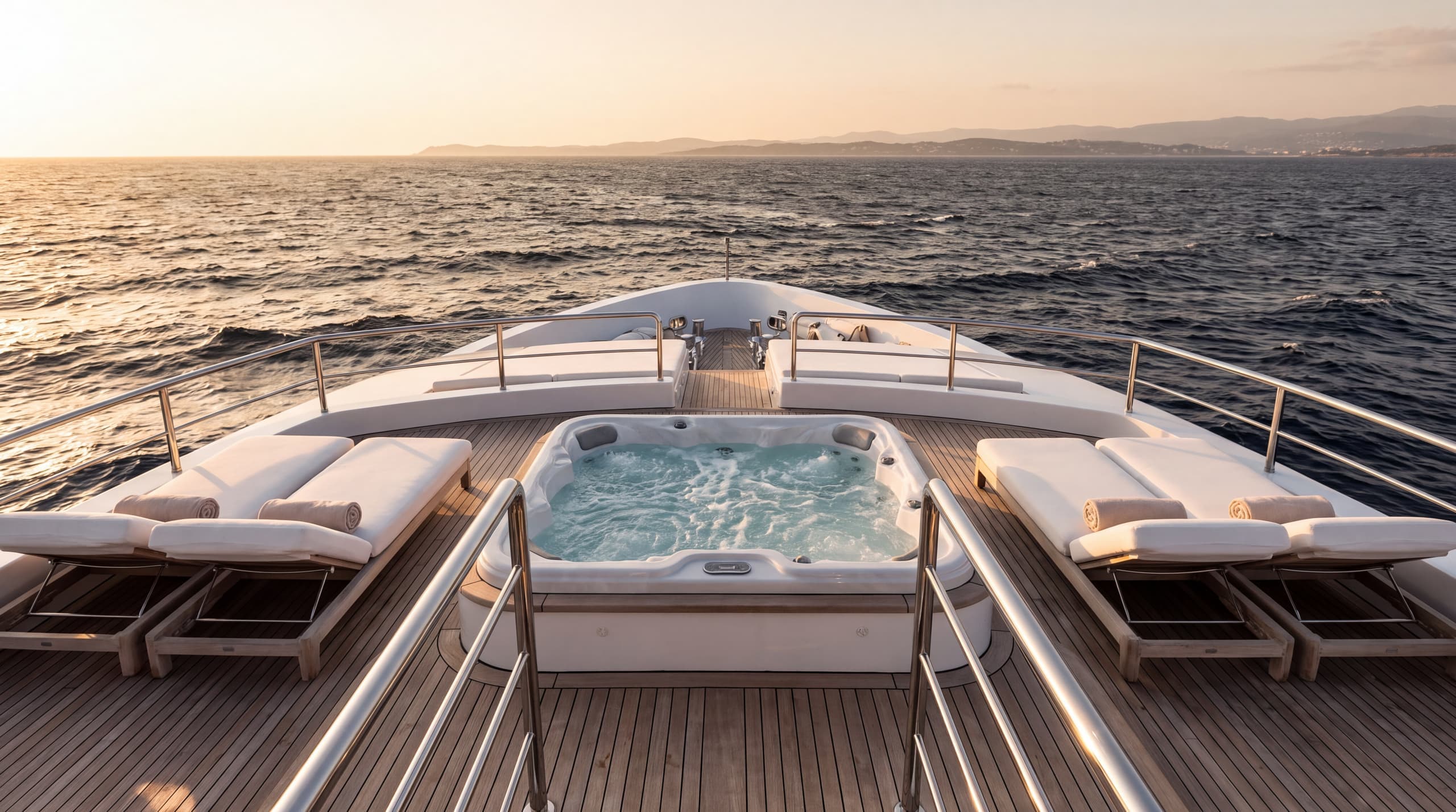 The foredeck of a modern superyacht at sea in golden evening light, spa pool and sun loungers, open water beyond