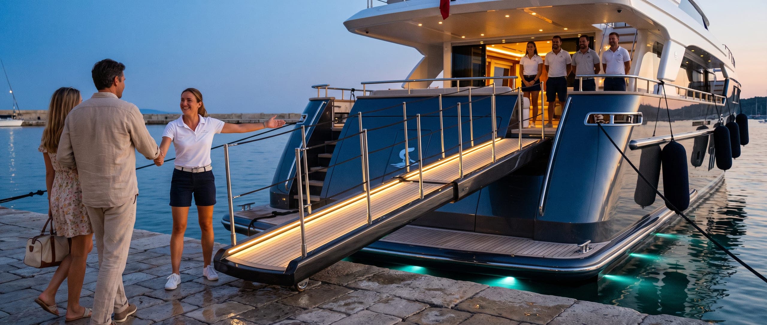 A stewardess on the quay shaking hands with two arriving guests at the foot of a superyacht's lit passerelle at dusk, four more crew waiting on the aft deck